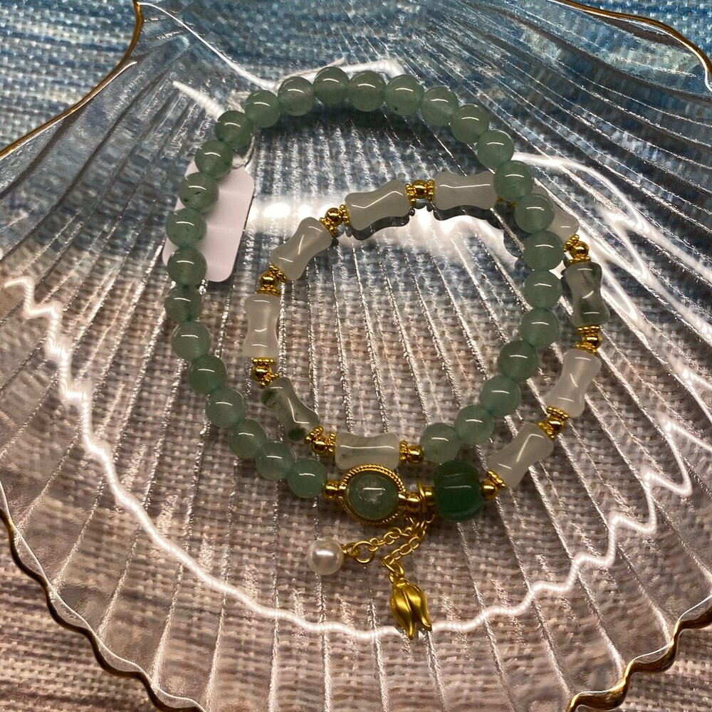 M129 Green White Jade Wrap Bamboo Bead Bracelet Chinese Style Gold Accessory